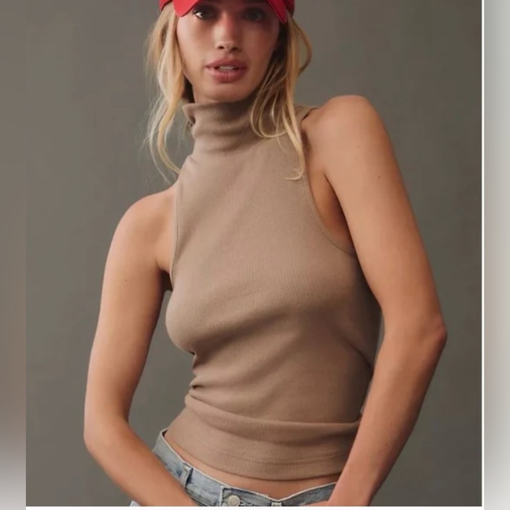 Anthropologie Maeve Halter Turtleneck Taupe Tank. Size: Large.